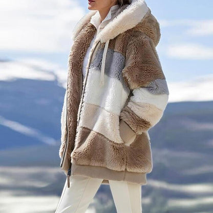 🎁Hot Sale 49% OFF⏳Women's Winter Plush Hooded Colorblock Jacket with Pockets