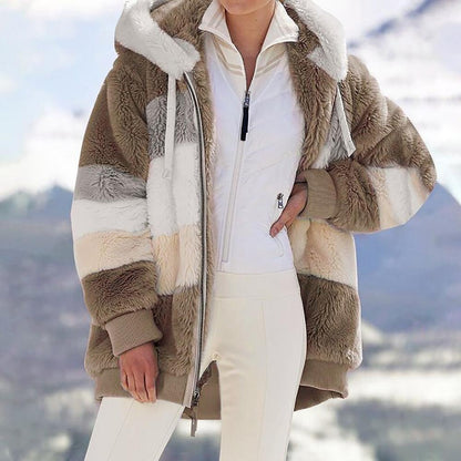 🎁Hot Sale 49% OFF⏳Women's Winter Plush Hooded Colorblock Jacket with Pockets