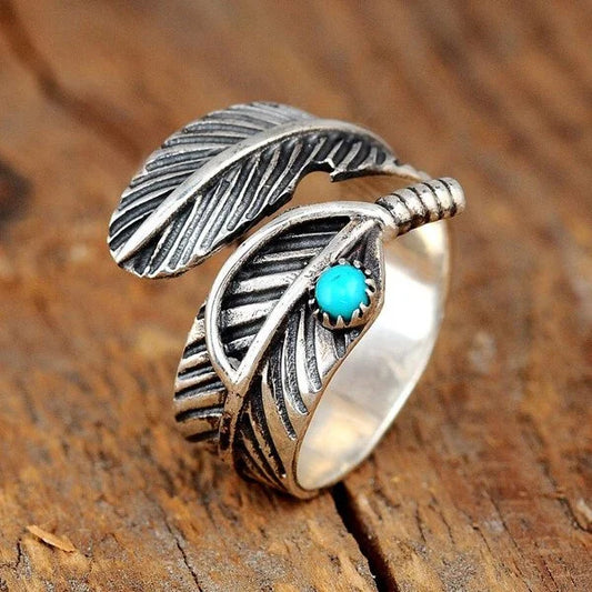 🎁Christmas Hot Sale🔥Boho Feather Turquoise Adjustable Ring - newbeew